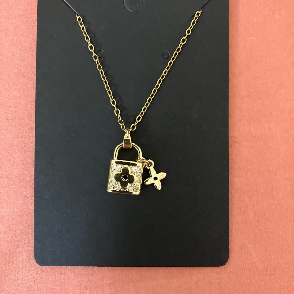 Gold Stainless Steel Inspired Lock Pendant Necklace